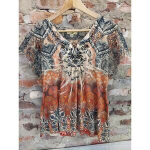 Energe Womens Blouse Top Size XXL Multicolor Paisley Beaded Flutter Sleeve